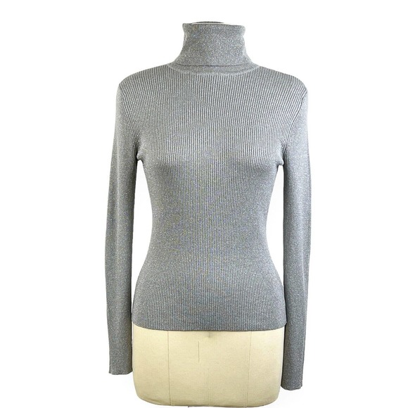 Kasper Sweaters - Kasper Ribbed Knit Top Grey Silver Metallic Threads Turtleneck Long Sleeve Small